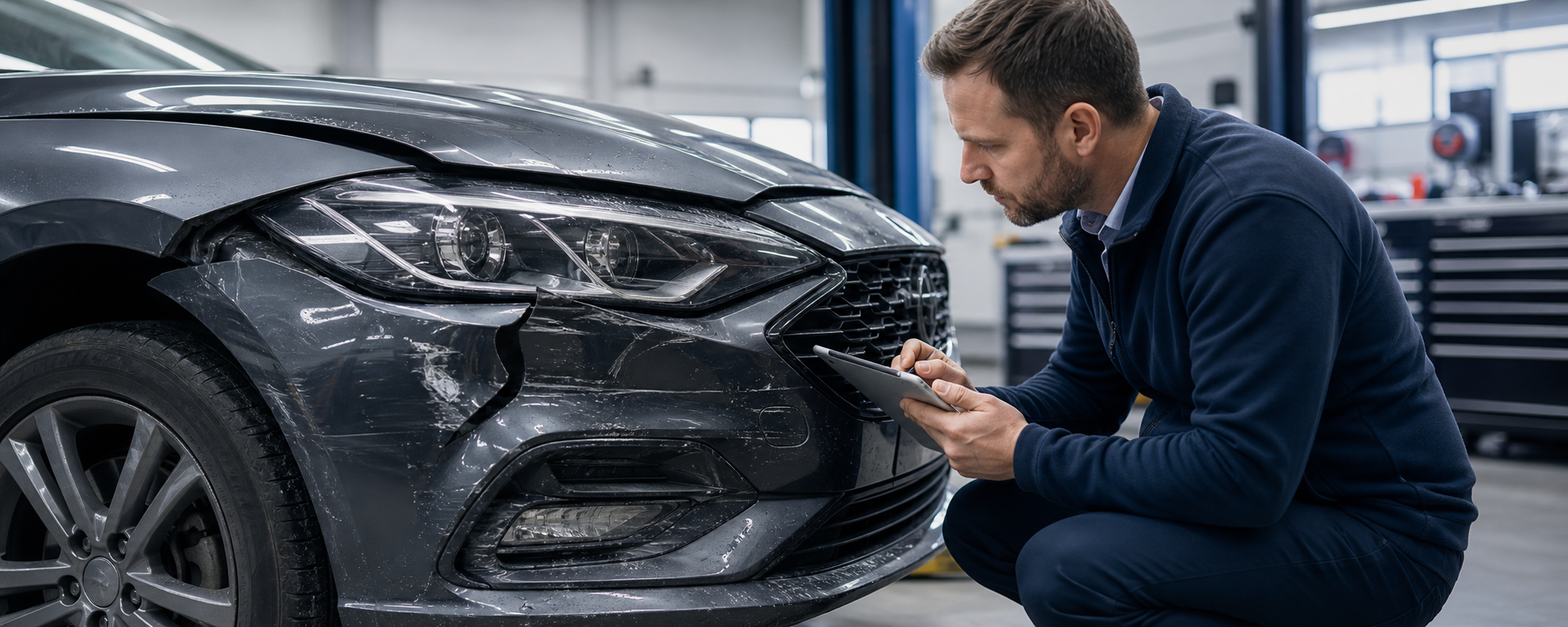 KFZ-Sachverständiger bei der Begutachtung eines Fahrzeugschadens